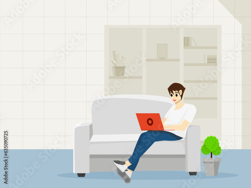 Teenager man happily sitting on the sofa playing laptop in the living room at home. People feel relax time with tree pot and bookshelf isolated background. Vector illustration cartoon style lifestyle 