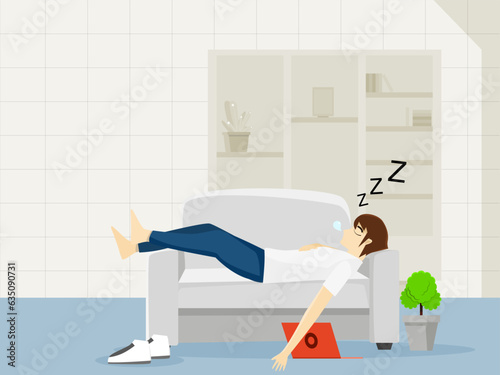 teenager man is sleeping on the sofa happily inside the living room at home with bookshelf and tree pot isolated on background. Vector illustration cartoon style lifestyle holiday, weekend relax 