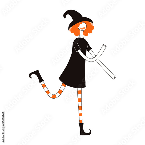 Dancer, dancing person in witch Halloween costume character illustration. Hand drawn cartoon style flat design, isolated vector. Seasonal print element, autumn holiday party, cosplay, carnival