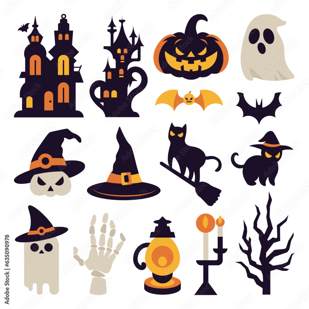 Fototapeta premium Halloween vector illustration collection of a spooky mansion, pumpkins, ghosts, skulls, witch hats, black cats, skeleton hands, and lamps