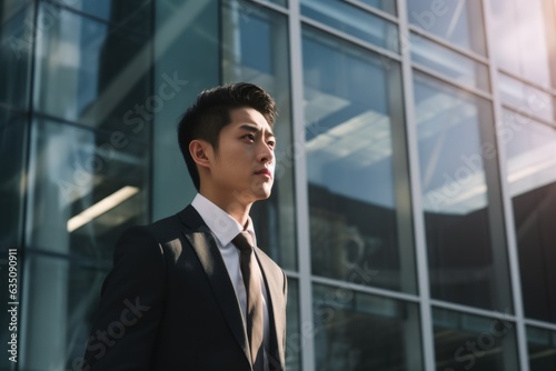 Young serious businessman Korean Japanese banker modern worker man Asian guy in business suit Chinese entrepreneur male CEO employer consultant standing in front off office company building outdoors