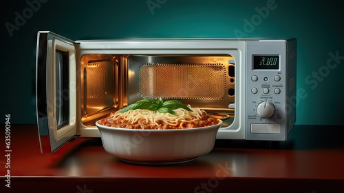 A classic microwave oven containing a savory lasagna-style cake, ready to be heated and enjoyed in a quick and convenient manner. Generative AI