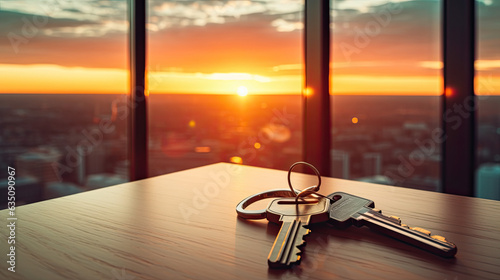 Keys on the table in new apartment against the background of sunset and large windows. Mortgage, investment, rent, real estate, property concept, Generative Ai