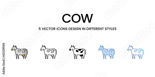 Cow Icon Design in Five style with Editable Stroke. Line, Solid, Flat Line, Duo Tone Color, and Color Gradient Line. Suitable for Web Page, Mobile App, UI, UX and GUI design.