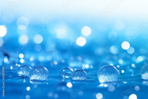Transparent water drops in blue water with abstract defocused bokeh lights and copy space in macro
