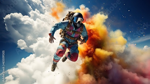 Vászonkép An exhilarated skydiver in free fall, surrounded by vibrant clouds of color, embodying the euphoria of living life on the edge
