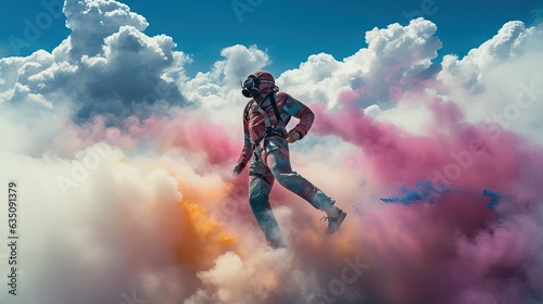 An exhilarated skydiver in free fall, surrounded by vibrant clouds of color, embodying the euphoria of living life on the edge. Generative AI
