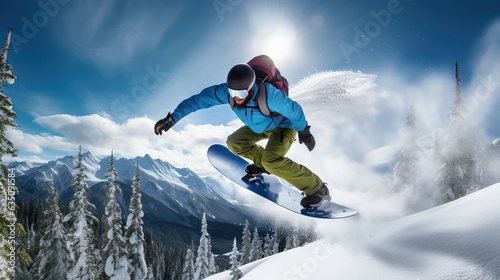 An action-packed shot of a snowboarder racing down a snowy mountain at high speed, showcasing agility, skill, and the thrill of winter sports. Generative AI © Sebastián Hernández