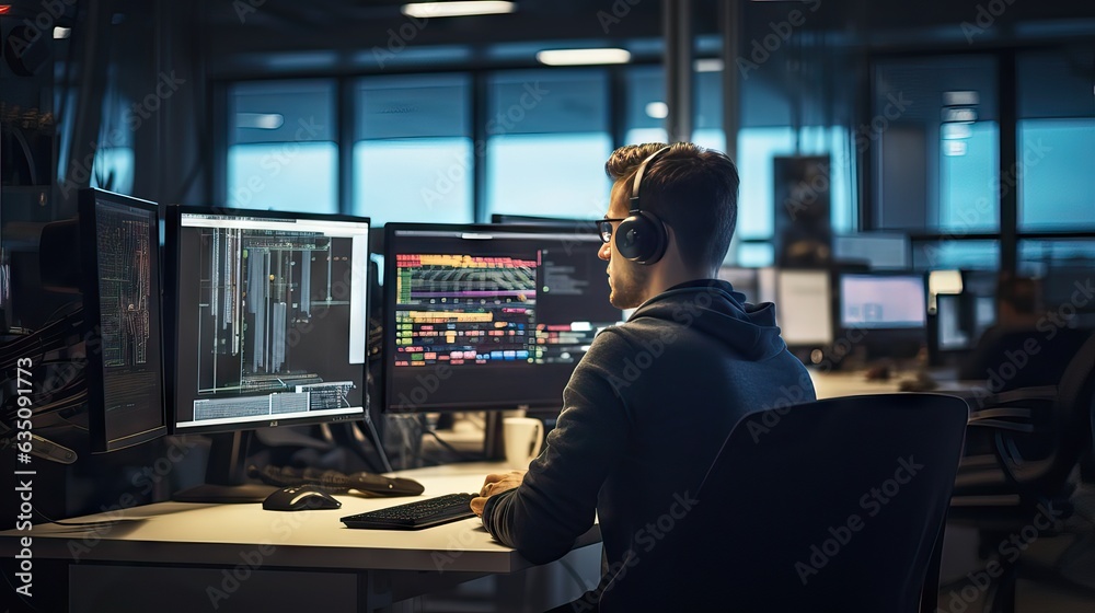 A focused software developer or data analyst working diligently in a dimly lit office, surrounded by multiple monitors displaying data and information panels. Generative AI