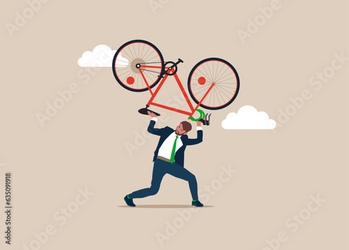 Businessman carrying  with bike. Modern vector illustration in flat style