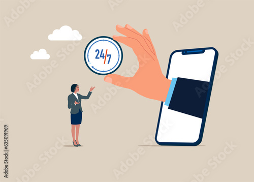 Open time. Smartphone with clock. 24-7 support service,  working hours. Success long term investment. 