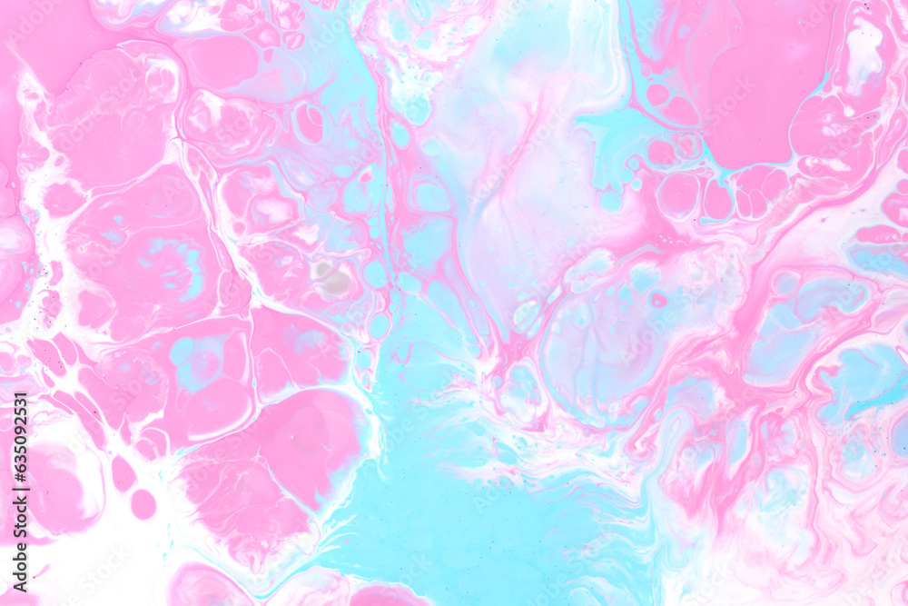 Exclusive beautiful pattern, abstract fluid art background. Flow of blending blue pink paints mixing together. Blots and streaks of ink texture for print and design.