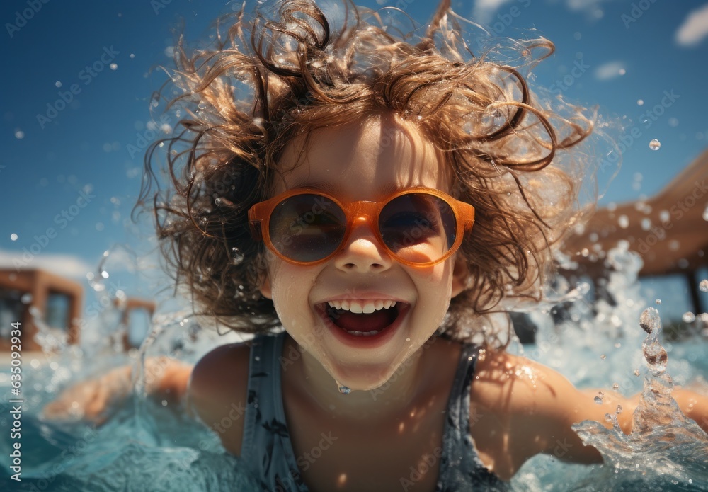 Portrait of happy children enjoying summertime at the pool. Sleek kid with sunglasses, perfect portrait of kids playing in the pool