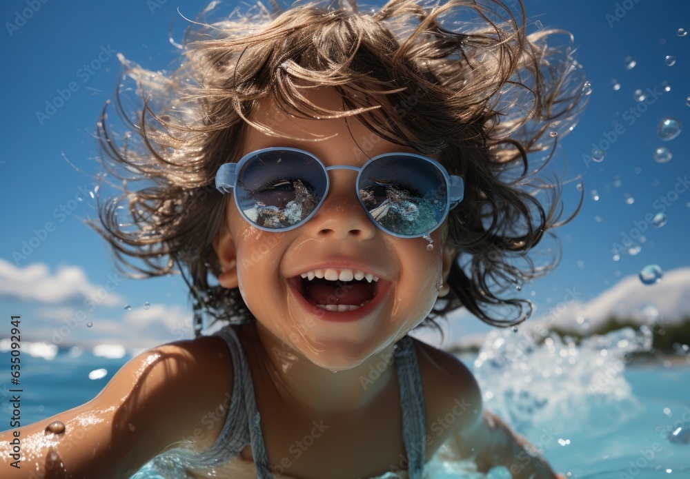 Portrait of happy children enjoying summertime at the pool. Sleek kid with sunglasses, perfect portrait of kids playing in the pool