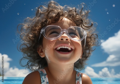 Portrait of happy children enjoying summertime at the pool. Sleek kid with sunglasses, perfect portrait of kids playing in the pool © aboutmomentsimages
