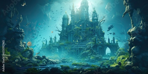 AI Generated. AI Generative. Old myth ancient under water undersea city town history. Graphic Art