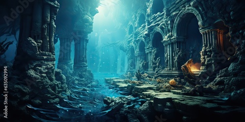 AI Generated. AI Generative. Old myth ancient under water undersea city town history. Graphic Art © AkimD
