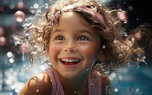 Fototapeta Portrait of happy children enjoying summertime at the pool