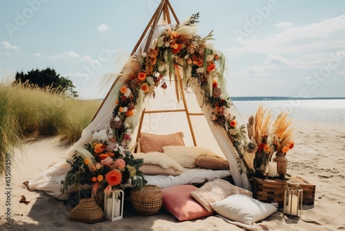 lavish boho wedding tent decoration for a wedding ceremony celebration: many pink flowers peonies and roses, satin and silk curtains