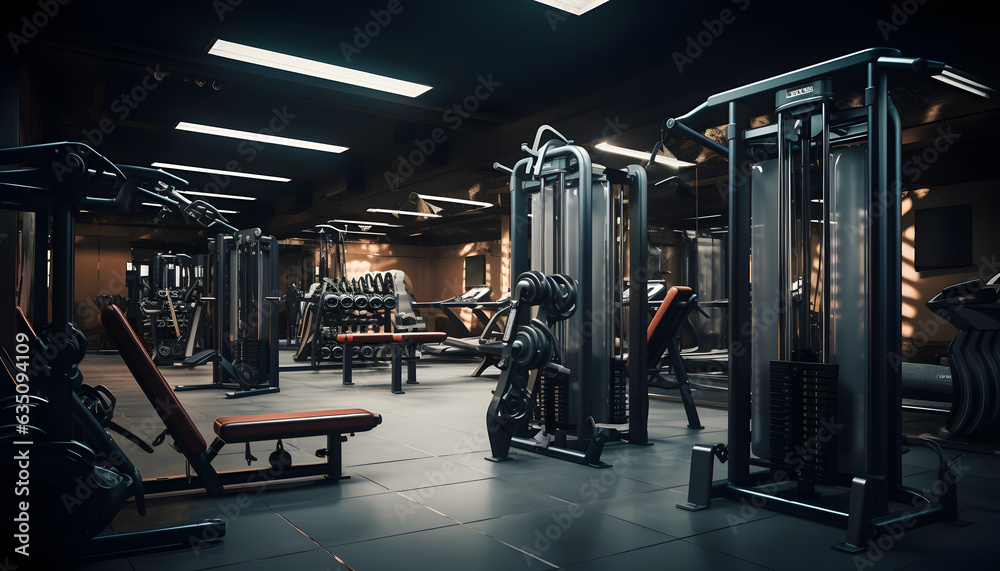 Fototapeta premium Gym equipment in fitness club, Building Strength and Fitness The Modern Gym Lifestyle