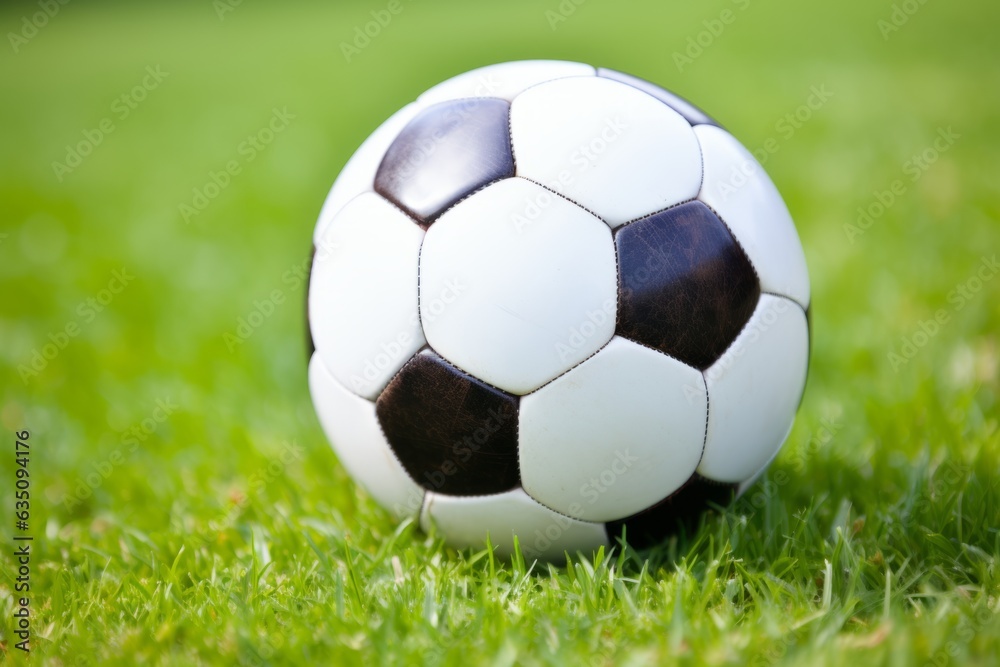 Soccer ball on ground grass stadium football game sport competition event championship match artificial green grass lawn grassy field outdoors calm empty sports ball isolated close-up background Soccer ball on ground grass stadium football game sport competition event championship match artificial green grass lawn grassy field outdoors calm empty sports ball isolated close-up background