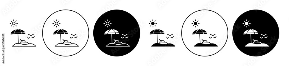 Beach vector icon set. sea beach with umbrella symbol in black filled and outlined style.