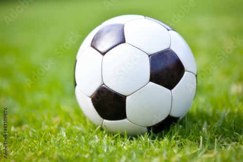Soccer ball on ground grass stadium football game sport competition event championship match artificial green grass lawn grassy field outdoors calm empty sports ball isolated close-up background © Yuliia