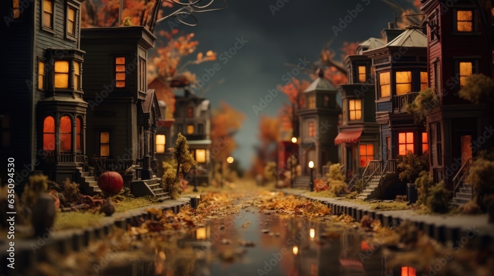 Miniature street with houses decorated for Halloween