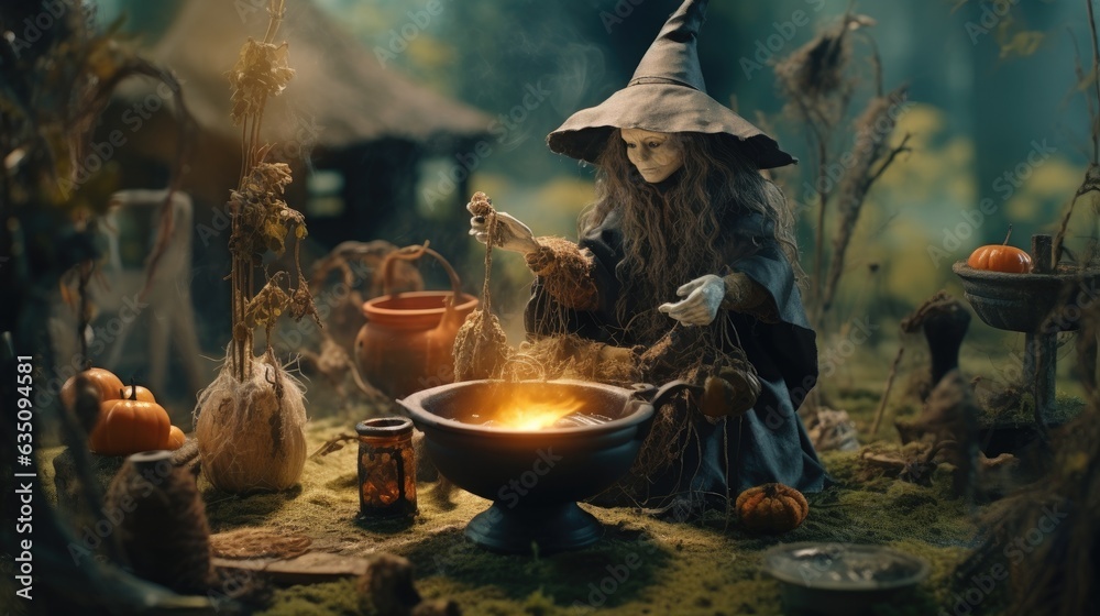 Miniature scene of a witch brewing a potion in her cauldron