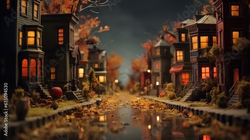 Miniature street with houses decorated for Halloween