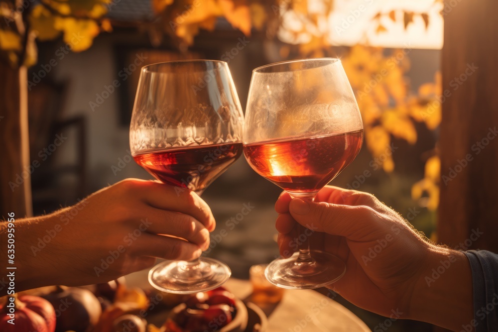 People enjoying harvest time together at farmhouse with glasses of wine