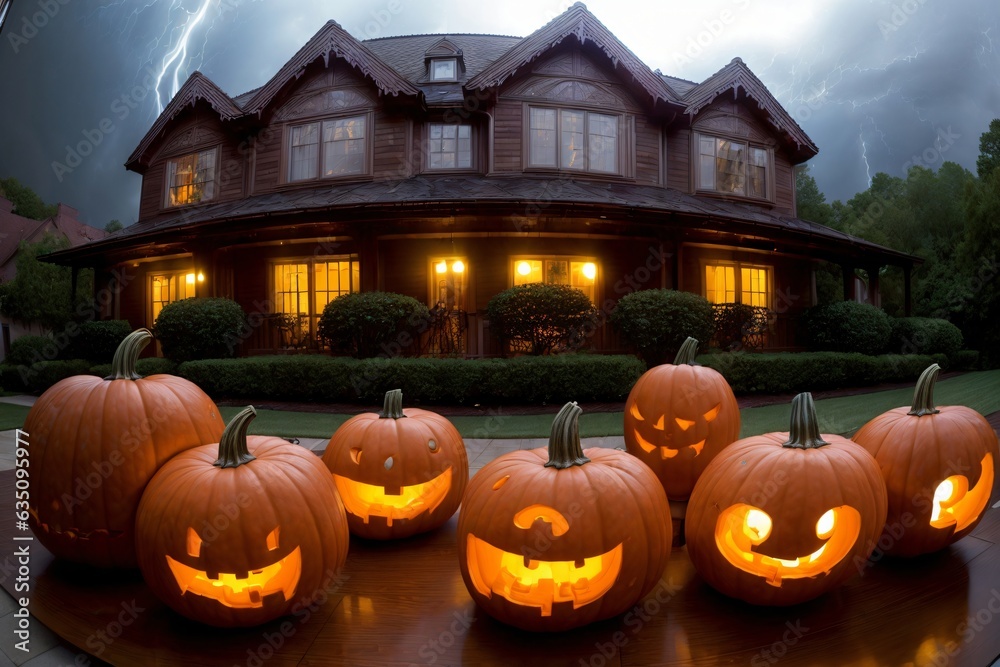 A Group Of Carved Pumpkins Sitting In Front Of A House