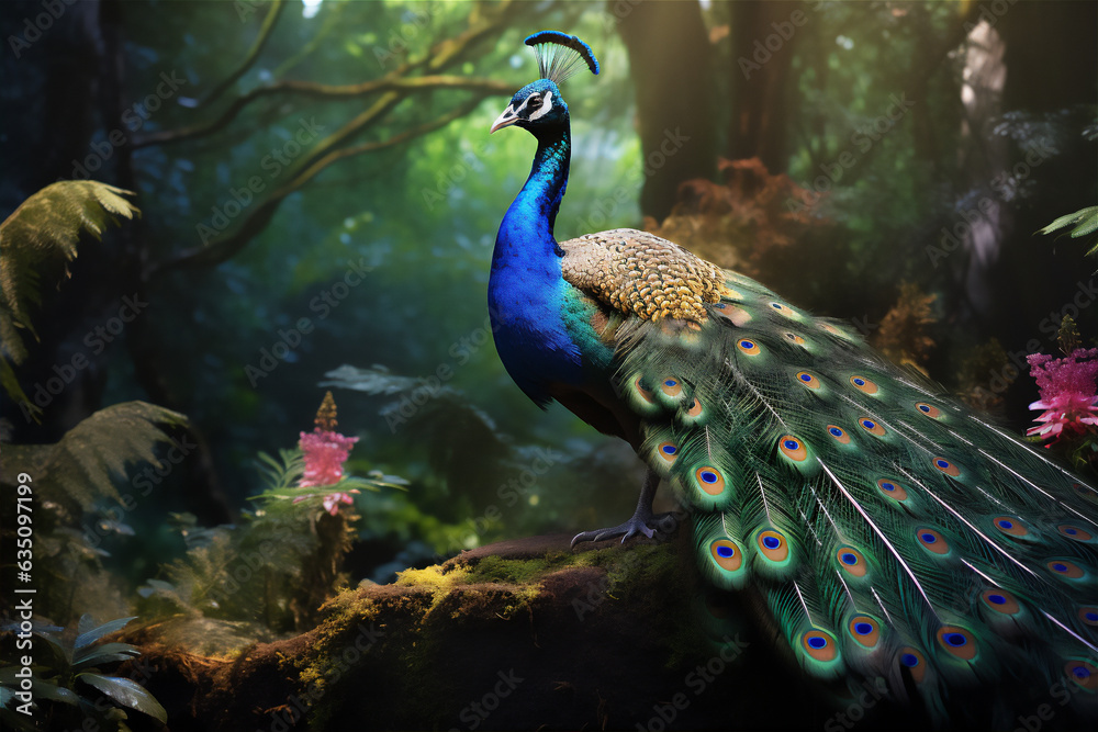 Obraz premium peacock with feathers out, create using generative AI tools