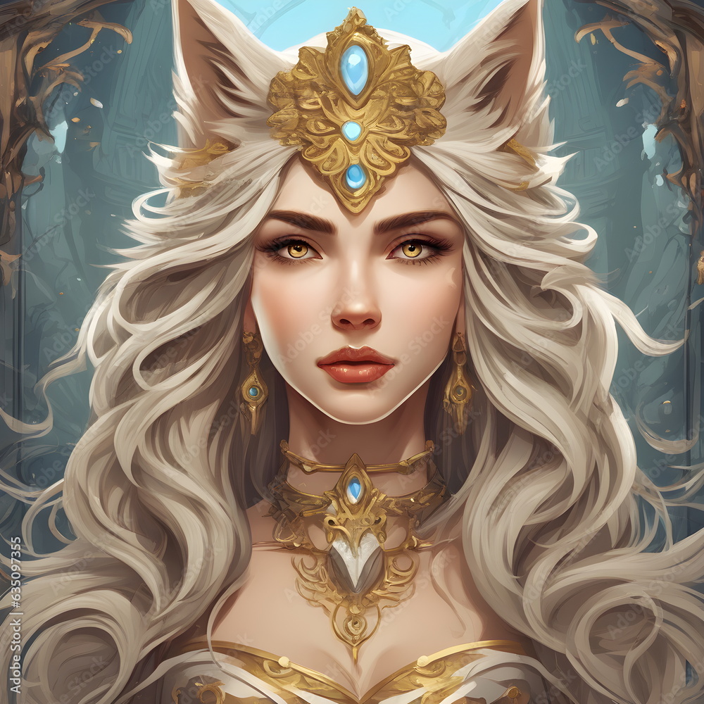 Portrait of a beautiful wolf princess with white hair and golden crown. Generative AI Portrait of a beautiful wolf princess with white hair and golden crown. Generative AI