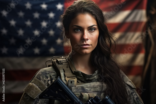 Portrait caucasian young woman soldier in military uniform with weapons on usa flag background looking at camera, patriot day concept