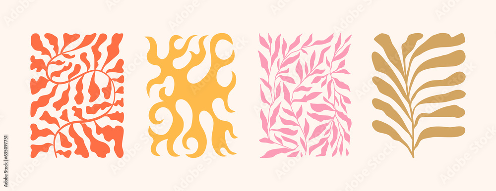 Vector illustration in simple Matisse naive and hippie groovy style, flowers and plants, floral botanic hand drawn design templates, frames and modern art prints, posters and placards