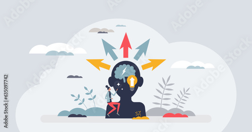 Personal growth and educational development with learning tiny person concept. Knowledge gain for mindset expanding and skills training vector illustration. Mind improvement and new idea evolution.