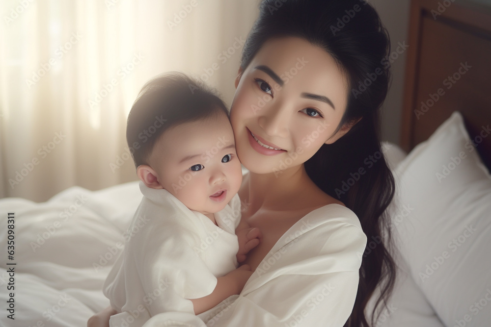 Portrait of a beautiful young mother and her newborn baby. Asian mother and baby child on a bed. Portrait of a beautiful young mother and her newborn baby. Asian mother and baby child on a bed.