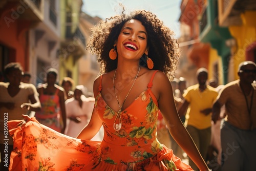 Young happy smiling beautiful cuban woman dancing on city streets in orange dress © Маргарита Вайс