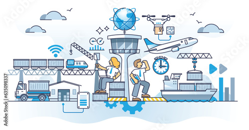 Coordinating logistics and transportation system management outline concept. Supply company effective and fast work for international distribution vector illustration. Cargo freight movement flow.
