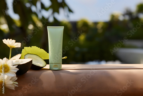 150ml Tube Mockup, Nature Style, Minimalist Set with Serene Atmosphere and Sunlight photo