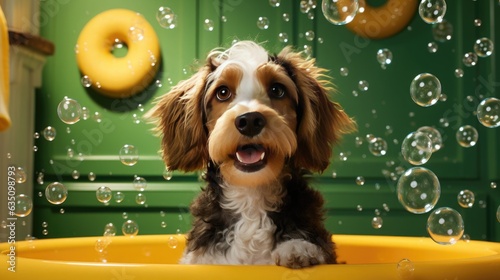 wet dog sitting in bathtub with soap bubbles flying around her, clear pet happy pet. modern minimalist bathroom interior vibrant colors photo