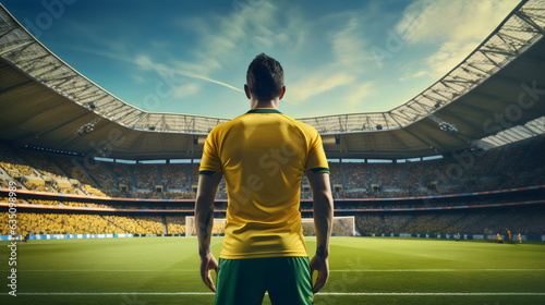 back view of male player on pitch in australian team at men's world cup in stadium wearing yellow and green © Ricky