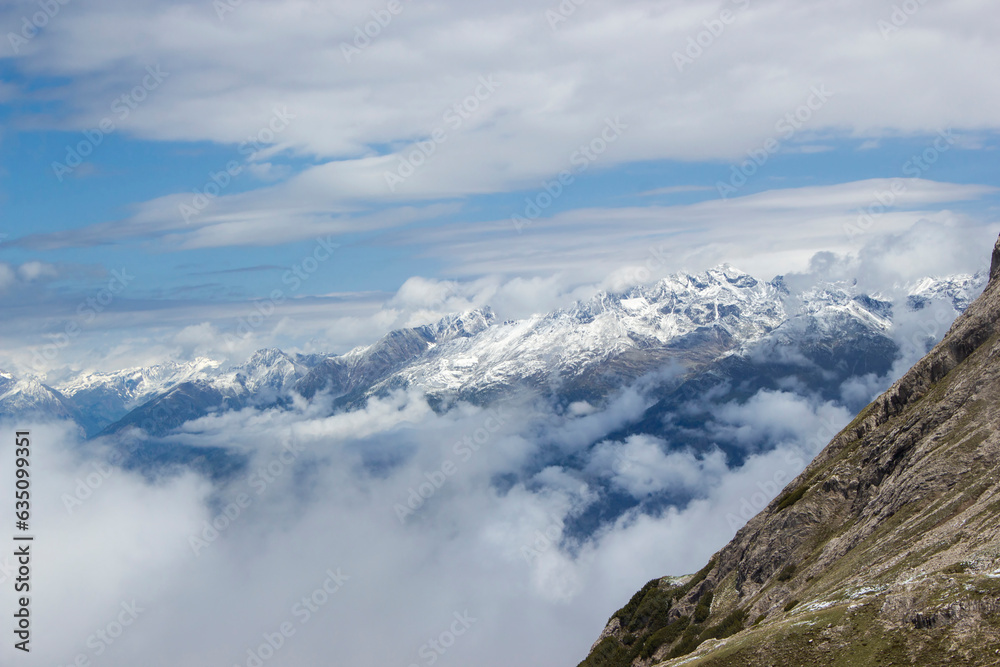 snow landscape of Lienz Dolomites in Austria. Massive Alpine mountains.