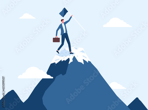 Business pioneer, conqueror, success opportunity, achievement or conquest, exploration concept, confidence businessman holding winner flag on top of mountain peak vector illustration