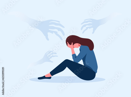 Sad woman in depression sitting and thinking over problems. Confused thoughts in her mind, mental health issues, stress, lose, crisis, burnout syndrome, relationship trouble concept. Afraid of failure