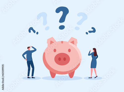 Finance question, doubt or confusion, contemplation or money solution, wealth concept, confused businessman with piggybank and question marks vector illustration