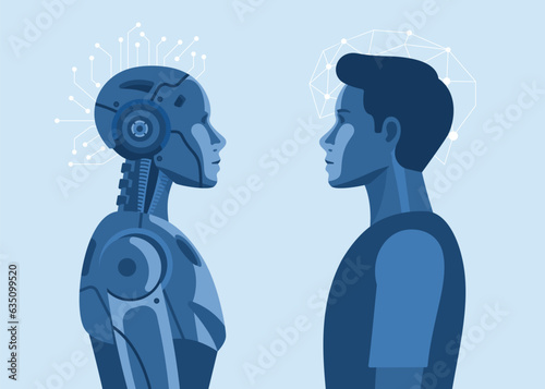 Artificial Intelligence VS Human. Vector illustration in a flat style of the robot and a human heads placed opposite each other, difference between a robot and a man