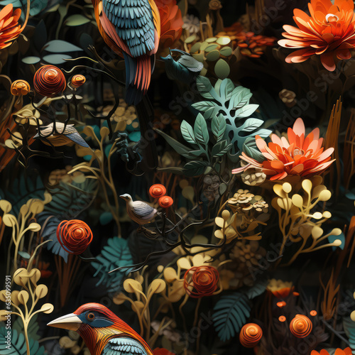 Seamless of a papercraft rainforest with lush vegetation exotic animals ai generated