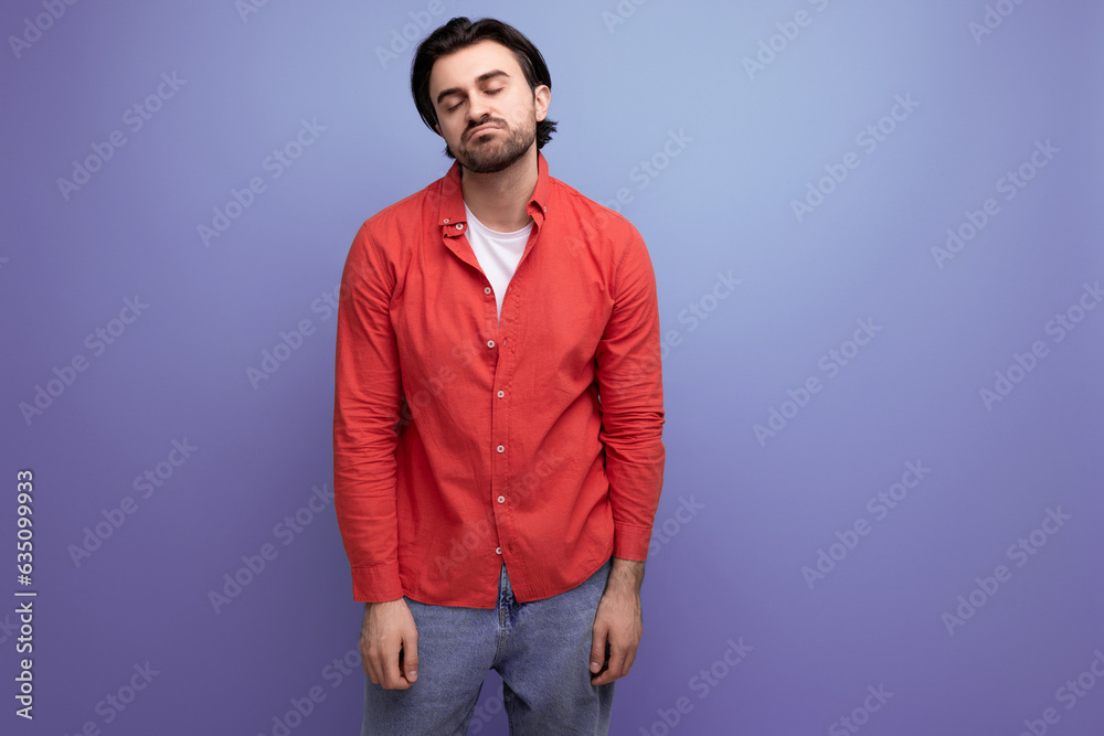attractive brutal dark-haired 30s man in a red shirt attractive brutal dark-haired 30s man in a red shirt